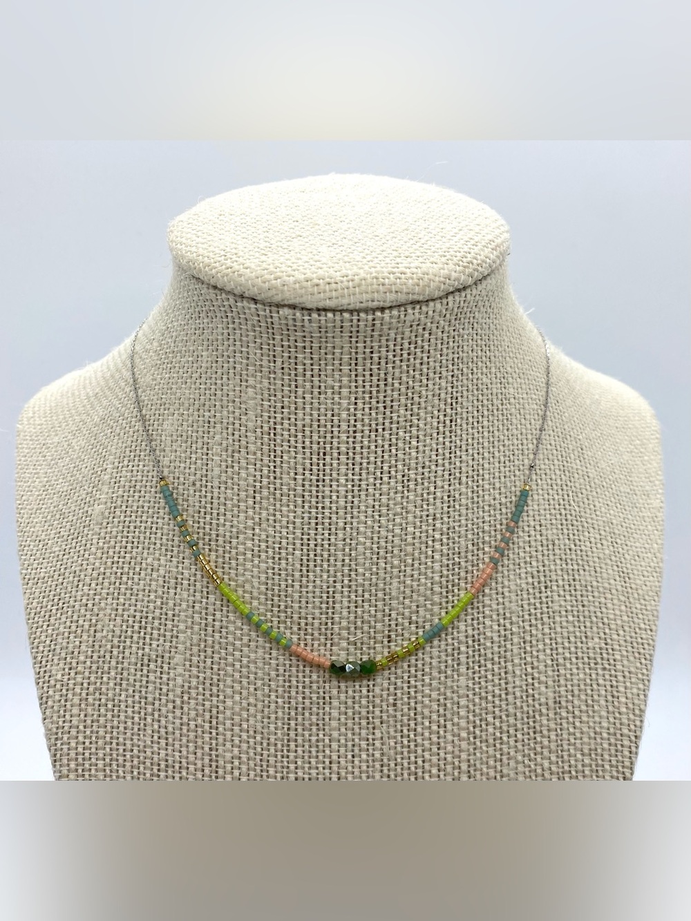 Multi Color Beaded Necklace Silver Chain Boho Fall Festival Coastal Cowgirl